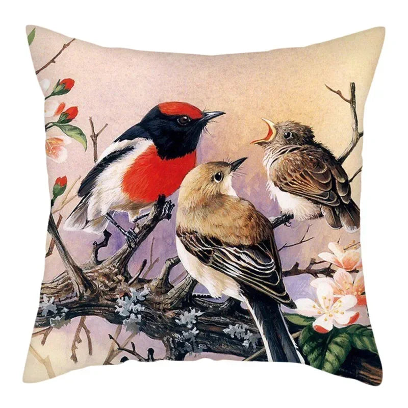 Axyaa Bird and Flower Printed Pillow Cover 45x45cm for Home Sofa Decor