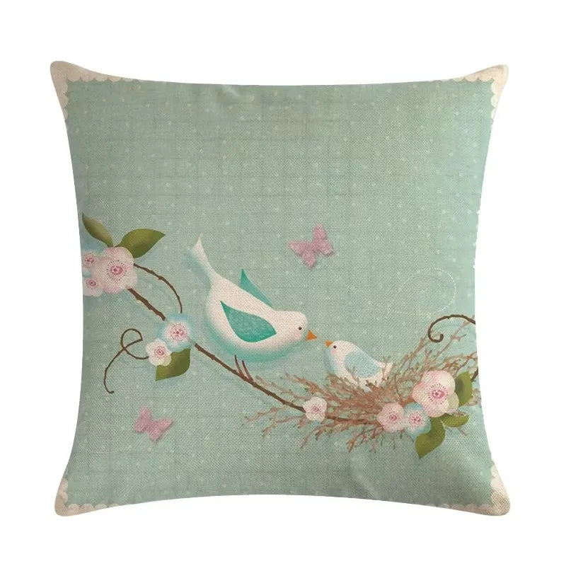 Blue Flower Bird Branch Pattern Cushion Set by Axyaa - Square Pillowcase Home Decoration