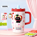 Axyaa Cartoon Cute Thermal Water Bottle Insulated Ceramic Cup with Handle & Double Straw