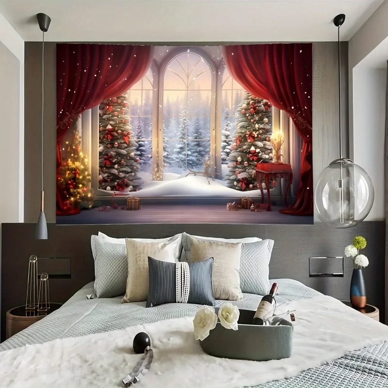 Axyaa Christmas Tree Snow Scene Tapestry for Home Outdoor Party Decoration