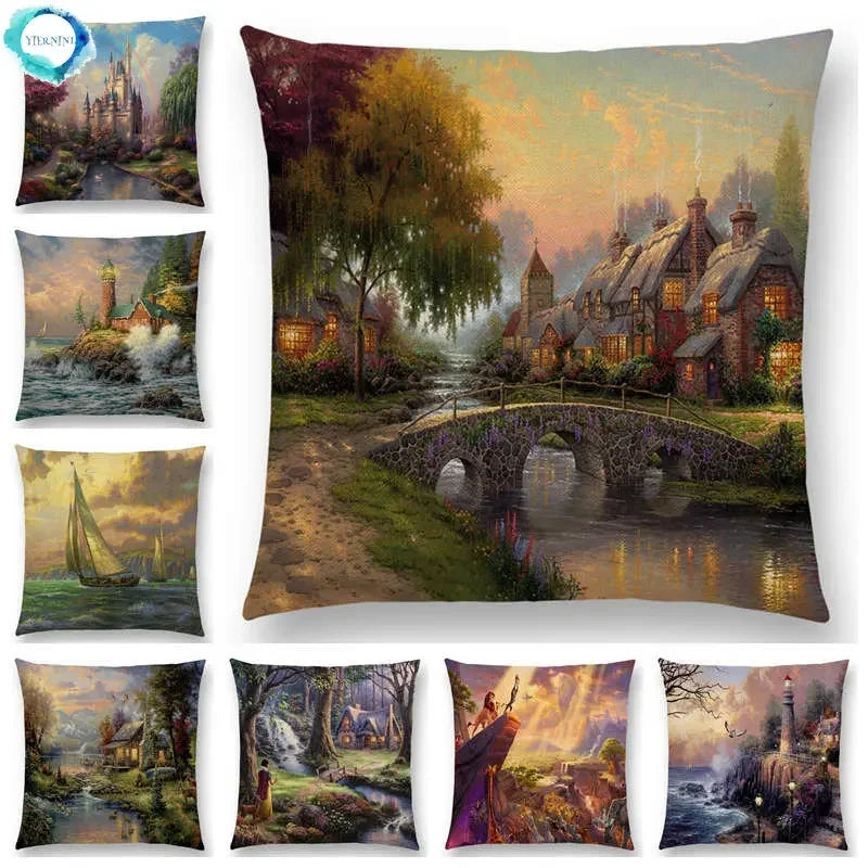 Axyaa Castle Lighthouse Scenery Painting Cushion Cover - Sofa Pillowcase