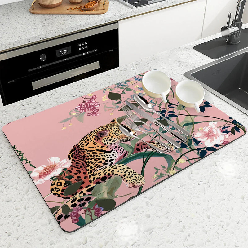 Axyaa Leopard Kitchen Drying Mat - Quick Dry Antiskid Tableware Mat