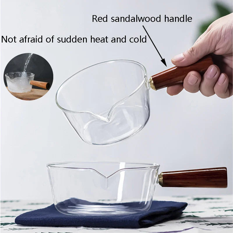 Axya 650ml Red Wooden Handle Glass Milk Pot With Lid & Non-Stick Coating