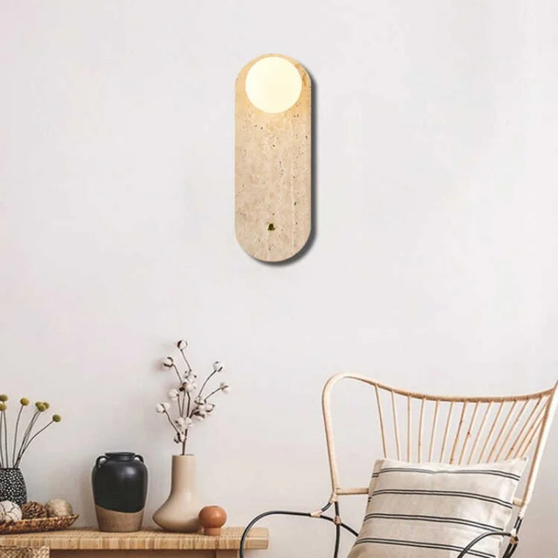Axyaa White Glass LED Wall Light - Yellow Travertine Button Switch - Wabi Sabi Design