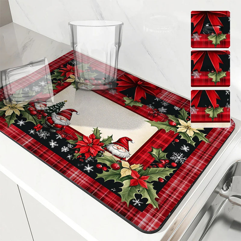 Christmas Dwarf Gift Poinsettia Drying Mat by Axyaa - Non-Slip Absorbent Kitchen Mat