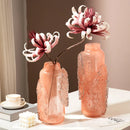 Axyaa Pink Glass Vase with Irregular Ice Cubes Relief, Home Decor Flowerpot