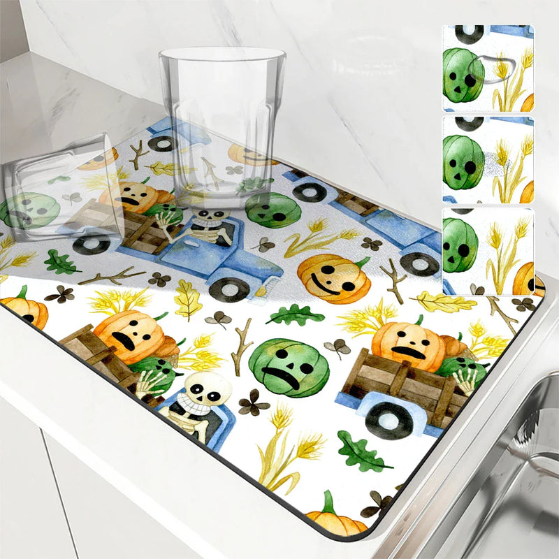 Axyaa Halloween Drying Mat for Kitchen Counter and Tableware, Non-Slip and Absorbent