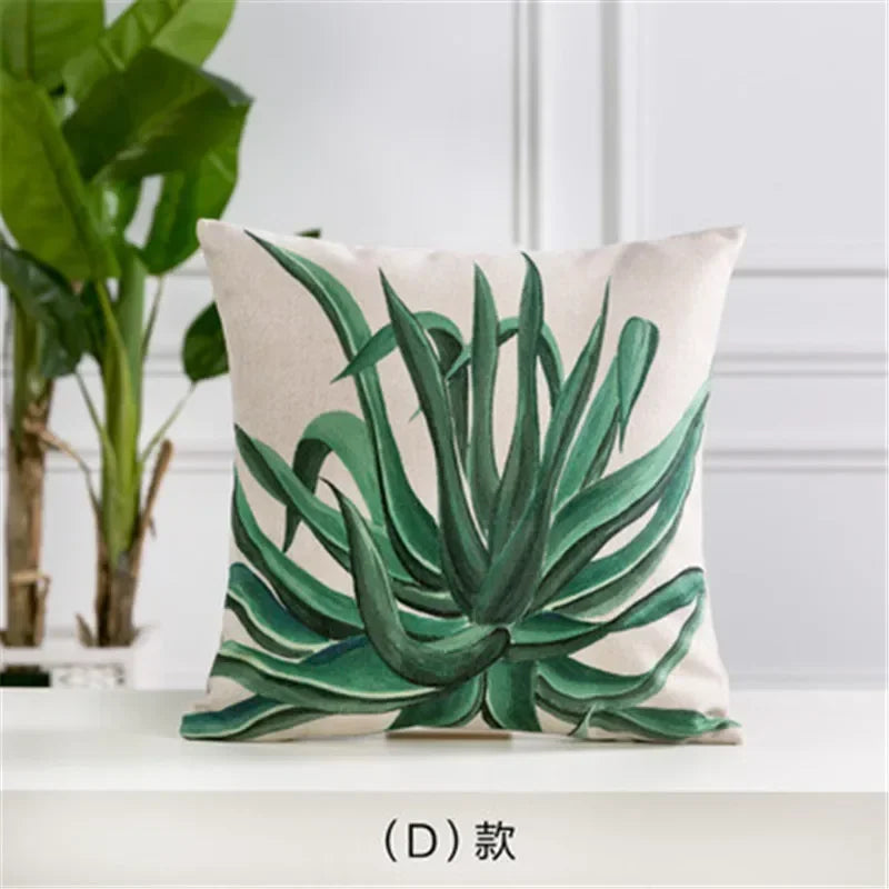 Axyaa Cactus Linen Cushion Cover 45x45cm for Home Decor - Green Plant Pillow Cover