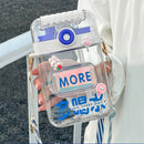 Axyaa 850ml Cute Flat Water Bottle with Strap, Straw, 3D Sticker - BPA Free