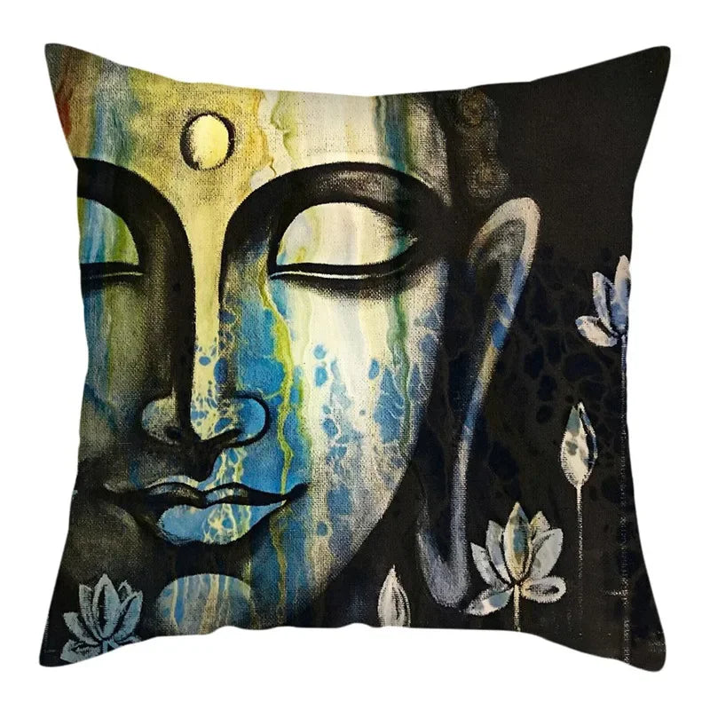 Axyaa Buddha Statue Polyester Cushion Cover for Home Sofa Decor