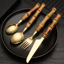 Axyaa Golden Spoon Fork Knife Set | Stainless Steel Wood Handle Tableware
