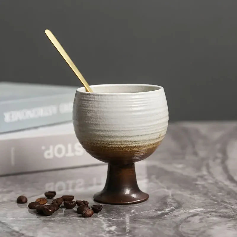 Axyaa Ceramic Coffee Cup Set with Spoon, Coarse Pottery Goblet for Home Decor