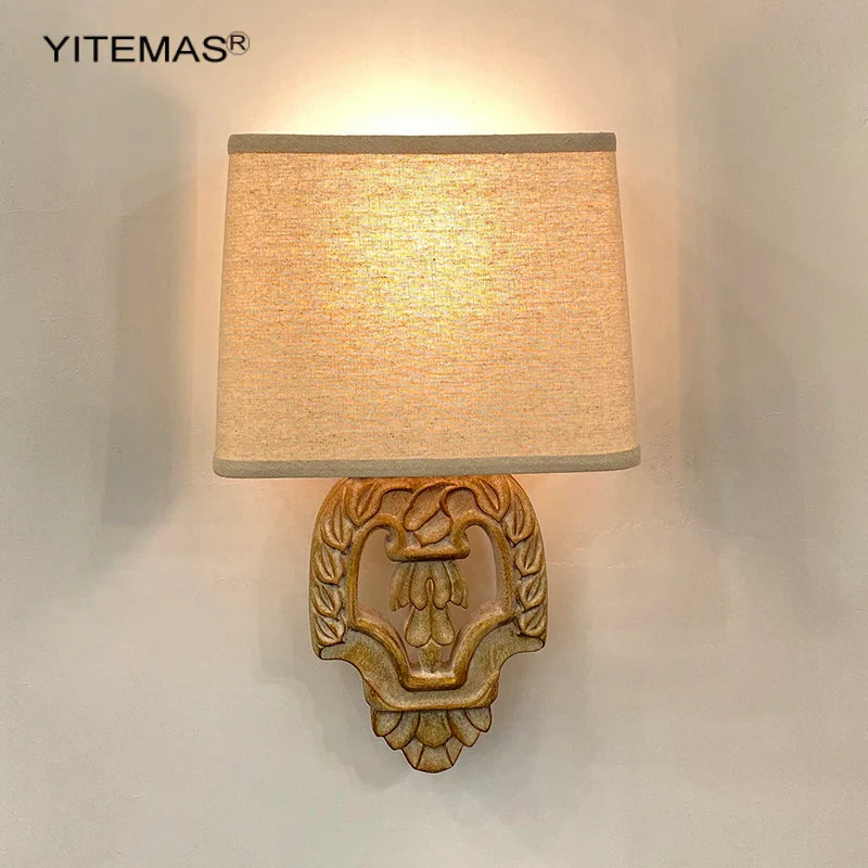 Axyaa Retro Wooden Wall Sconce with Fabric Shade for Bedroom and Living Room