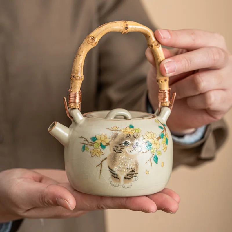 Axya Cat Doodle Teapot Kettle Set, Vintage Chinese Porcelain Tea Pot