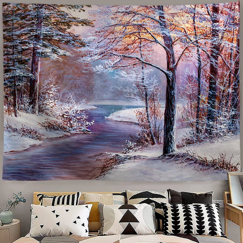 Axyaa Snowy Forest Tapestry Tree Wall Hanging for Home Decor