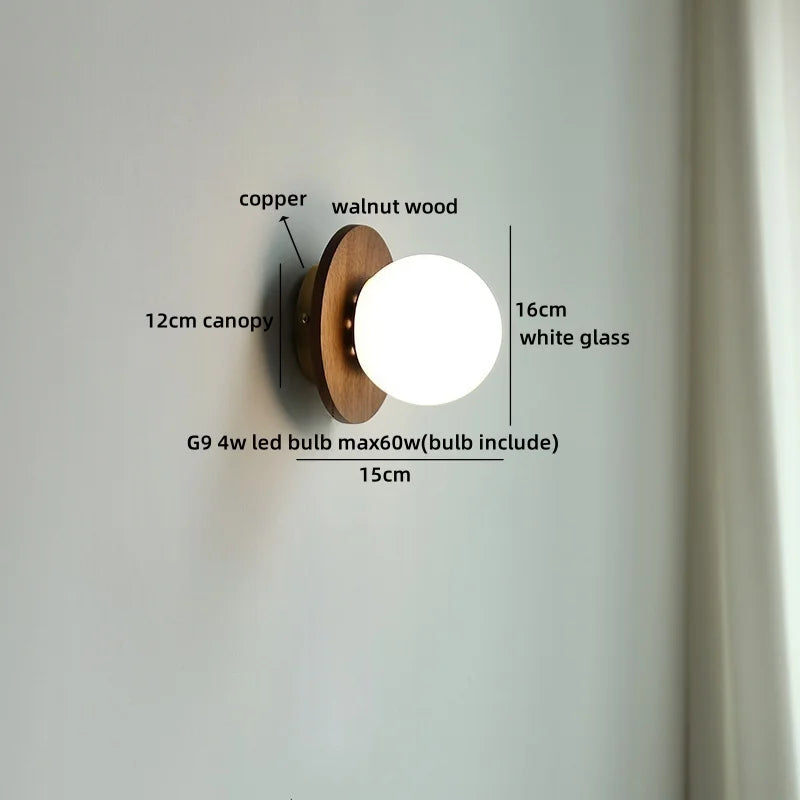 Axyaa White Glass Ball LED Wall Lamps With Switch - Modern Wooden Stair Light Fixtures.