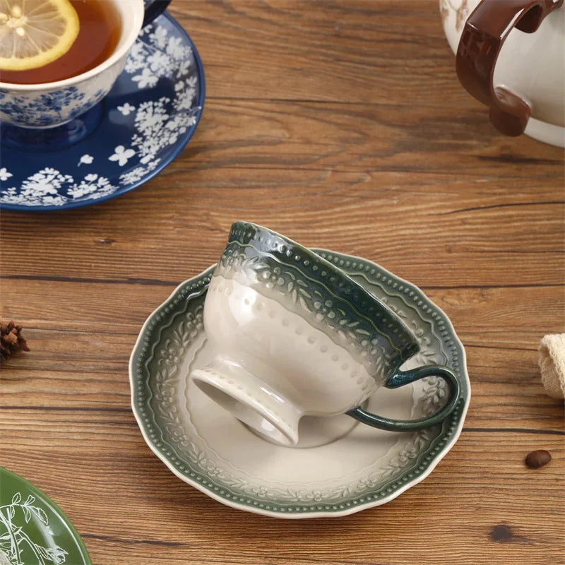 Axyaa Retro Flower Ceramic Coffee Cup&Saucer Set Elegant Teaware