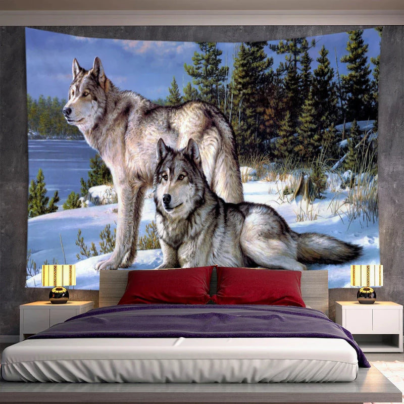 Axyaa Psychedelic Moon Wolf Wall Hanging Tapestries for Home Decor