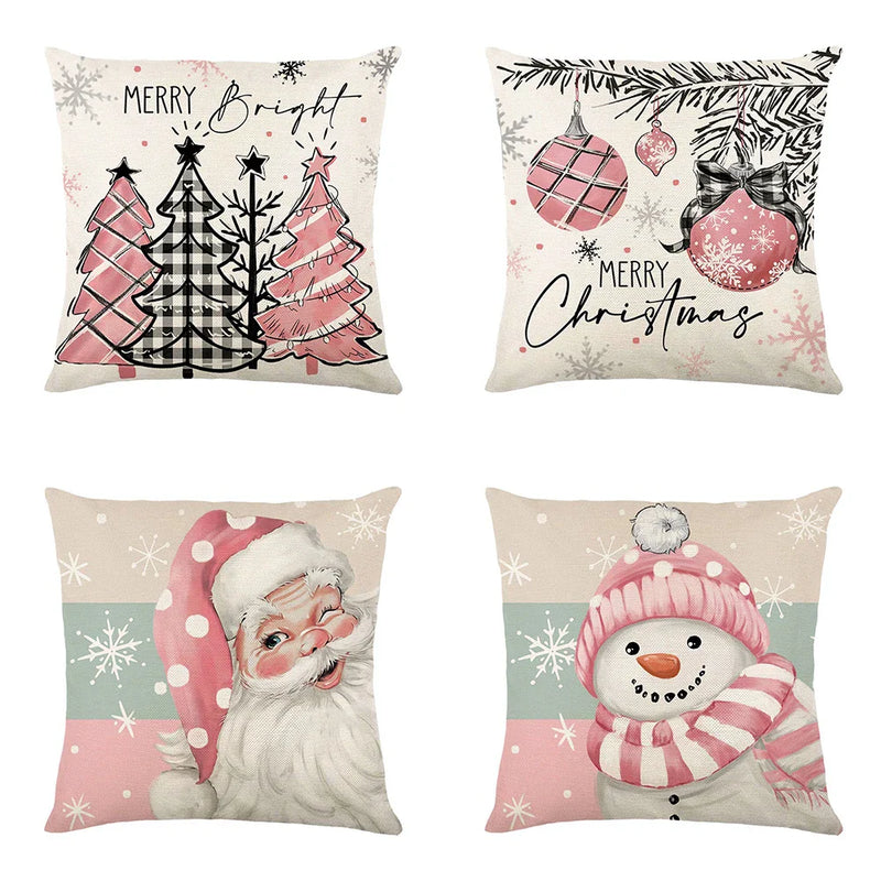 Axyaa Christmas Pillow Cover: Santa Snowman Tree Print for Sofa Decor