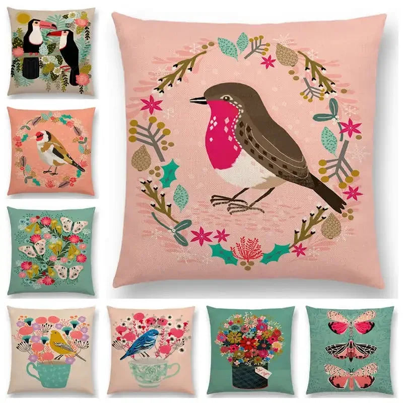 Axyaa Bird-Floral Teacup & Lepidoptera Cushion Cover for Decor & Sofa
