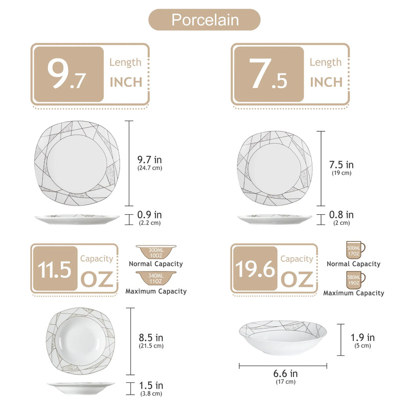 Axya™ 24-Piece Porcelain Ceramic Dinnerware Set with Cutlery - Bowls, Plates, Soup Plates