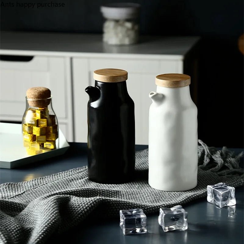 Axya Ceramic Oil Bottle with Wooden Cover, Leakproof Spice Container