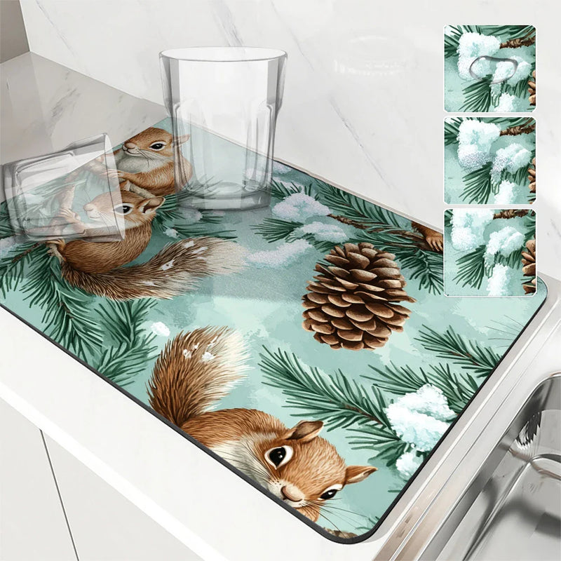 Axyaa Christmas Squirrel Kitchen Dish Mat - Absorbent Anti-slip Drying Pad