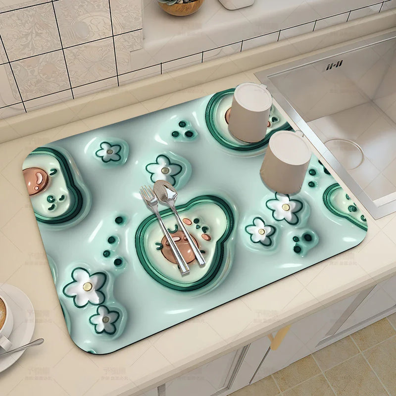 Axyaa 3D Visual Effect Drain Mat - Absorbent, Non-Slip, Anti-Mildew Kitchen Tableware Mat