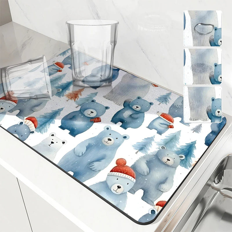 Axyaa Snowman Kitchen Counter Mat Non-slip Absorbent Tableware Drain Mat