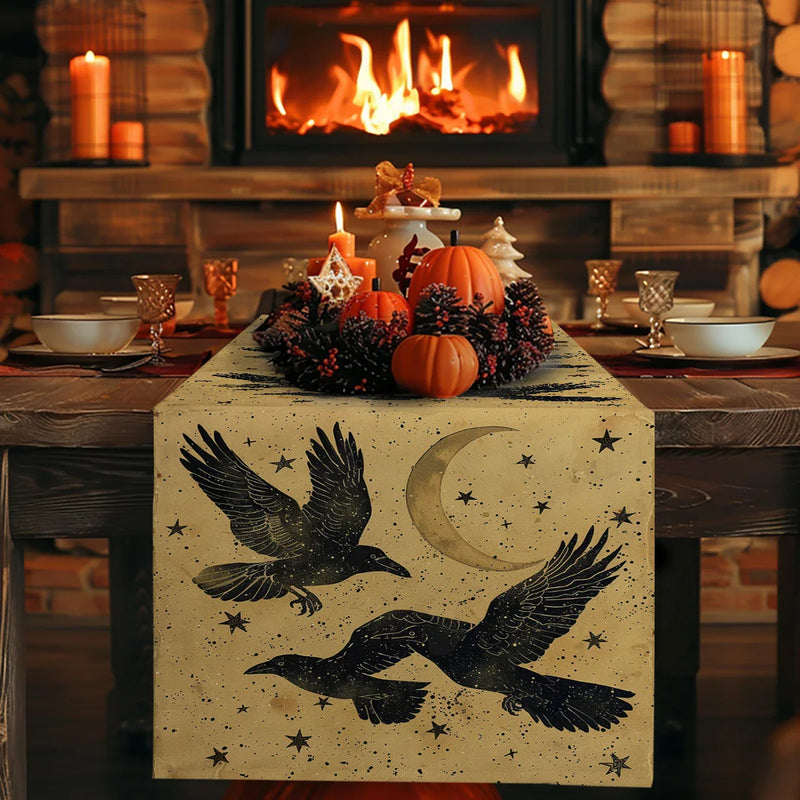 Black Crow Watercolor Silhouette Table Runner for Dining & Party Decor by Axyaa