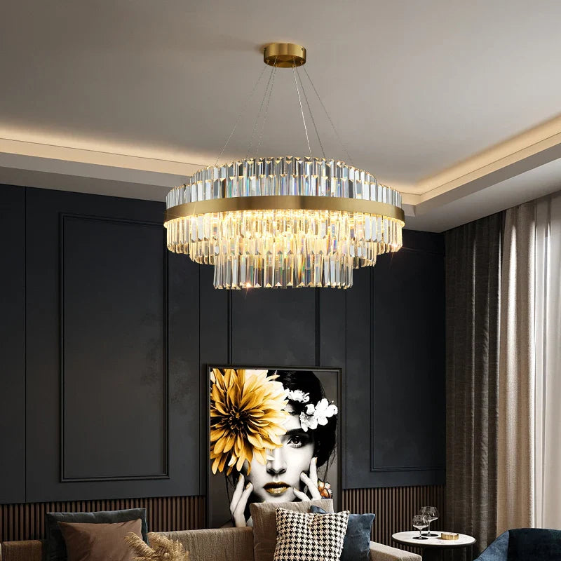 Axyaa Gold Metal Round LED Pendant Light with Dimmable K9 Crystals