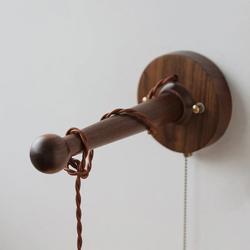 Axyaa White Ceramic LED Wall Lamps with Black Walnut Wood Pull Chain Switch