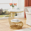 Axyaa Gold Marble End Table: Modern 2-Tier Side Nightstand, White & Gold Storage Shelf