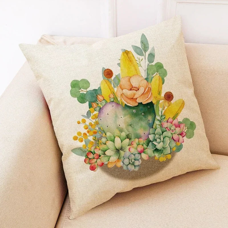 Axyaa Cactus Plant Pattern Linen Pillowcase - Home Decor Sofa Pillow 45*45cm