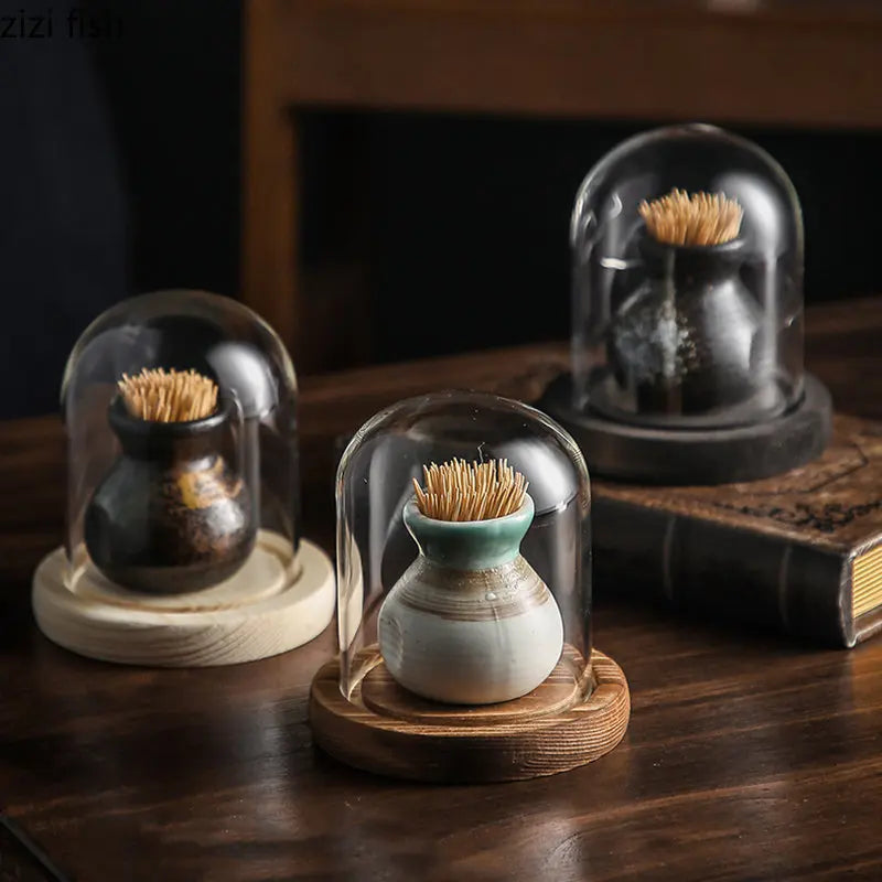 Axya Retro Ceramic Toothpick Box Glass Cover Holder
