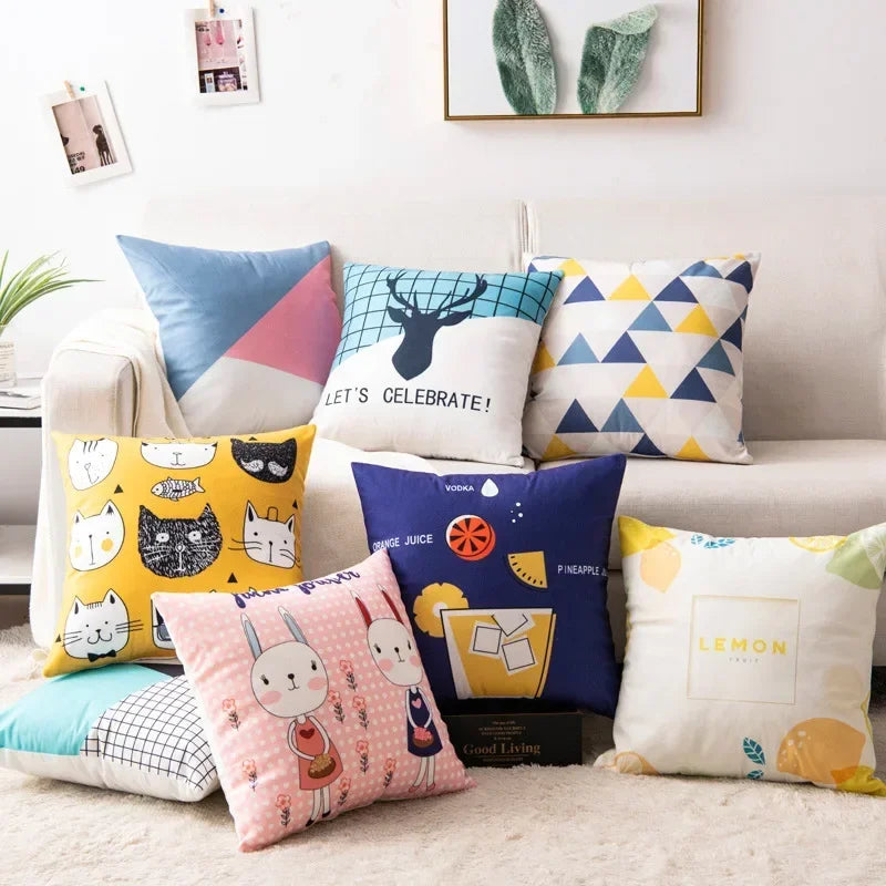 Nordic Cartoon Print Pillow Cover for Axyaa Square Cushion Sofa Decor