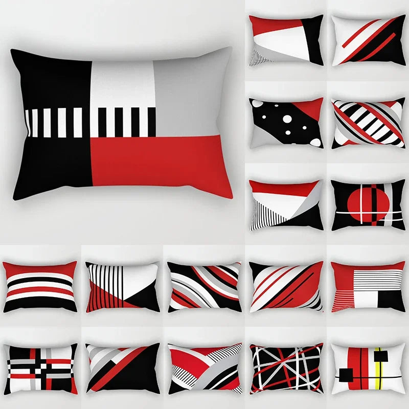 Axyaa Patchwork Stripe Polyester Cushion Cover, Classic Black Red Series, Geometric Design