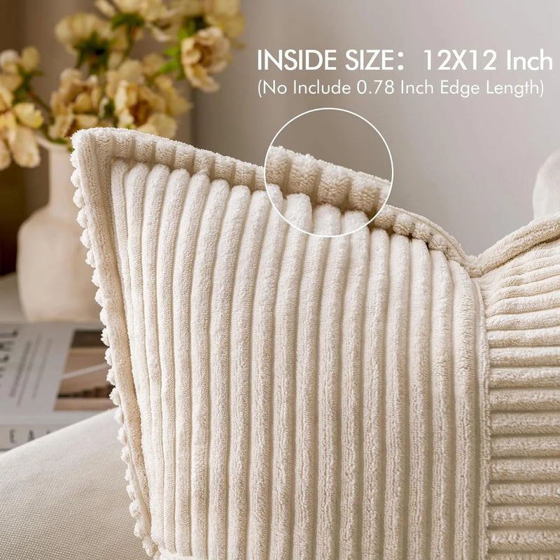 Axyaa Beige Corduroy Striped Throw Pillow Covers 18x18 Inch Luxurious Boho Textured Cushion Cover