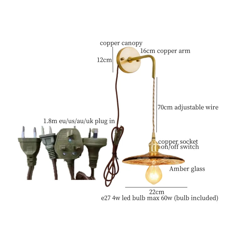 Axyaa Glass LED Wall Sconce Light Pull Chain Copper Applique Murale