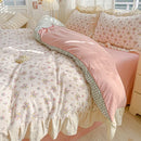 Axyaa Pink Checkered Lace Duvet Set: 1 Duvet, 2 Pillowcases, Bed Sheet.