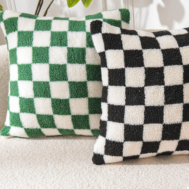 Axyaa Plaid Faux Fur Wool Throw Pillow Cover for Home Decor