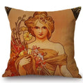 Axyaa Art Nouveau Mucha Gallery Cushion Cover - Beautiful Girl Pattern Linen Pillowcase