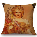 Axyaa Art Nouveau Mucha Gallery Cushion Cover - Beautiful Girl Pattern Linen Pillowcase