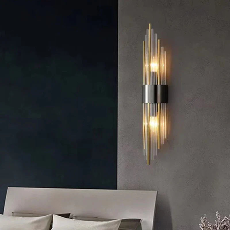 Axyaa Modern LED Wall Sconce - Crystal and Stainless Steel E14 Bulb, Black Gold, for Bedroom, Foyer, Dining Room