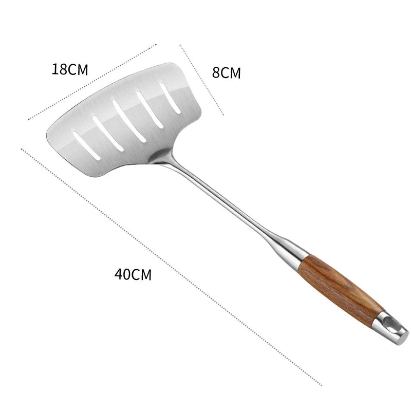Axyaa Stainless Steel Fish Spatula with Wood Handle - Nonstick Slotted Pan Scoop