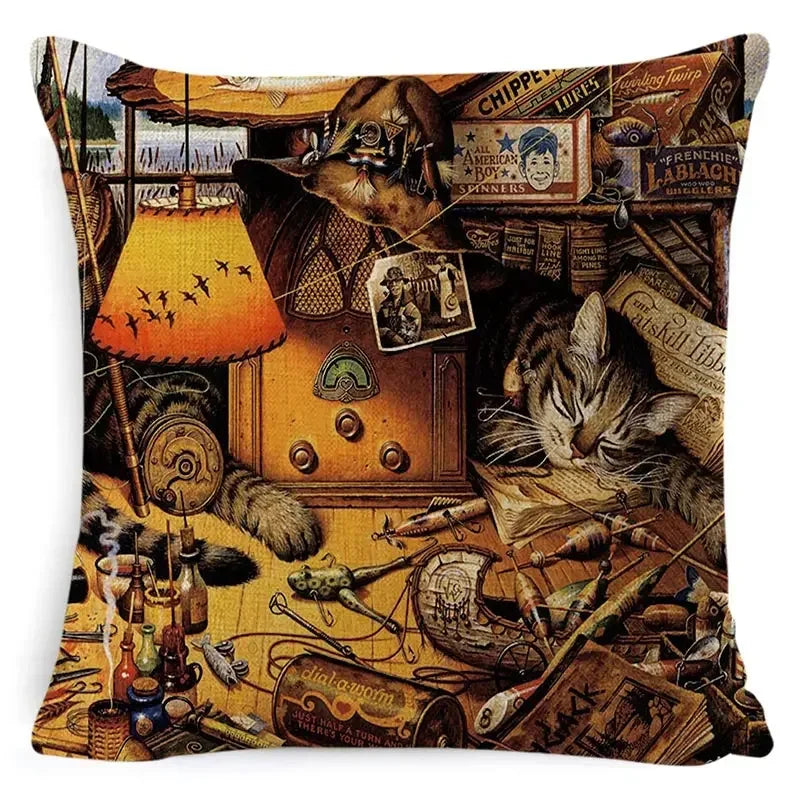 Cute Cat Pattern Linen Cushion Cover by Axyaa for Home Decor