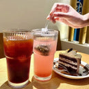 Axyaa Stripe Glass Cup with Lid and Straw for Juice, Tea, Coffee, and more
