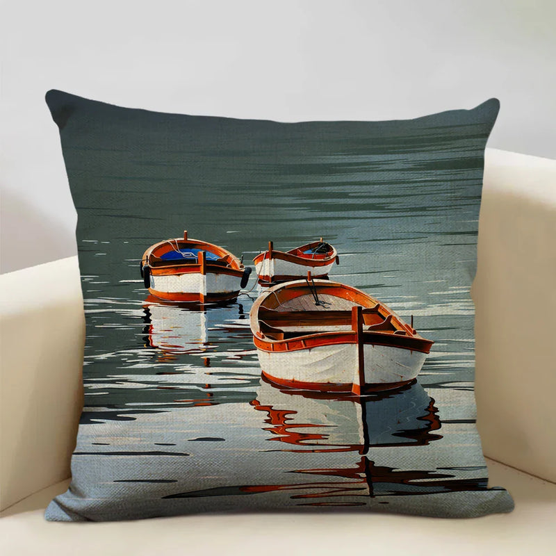 Axyaa Boat Pattern Linen Cushion Cover for Home Sofa Decor
