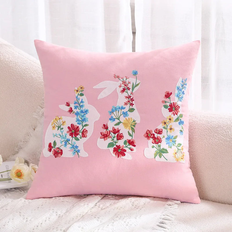 Axyaa Pink Floral White Floral Bunny Embroidered Cushion Cover