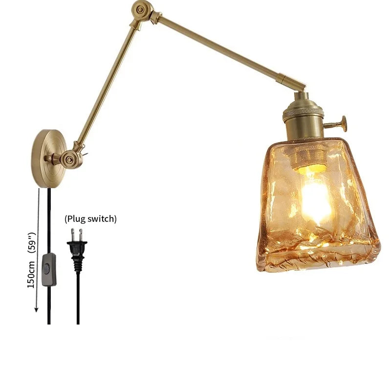 Axyaa Smoke Glass Ball LED Wall Sconce Copper Arm Switch Modern Luminaria